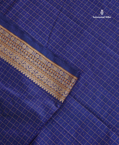 Semi Silk Cotton Saree - Navy Blue Colour Body Small Checks With Butta & Thread Work Border