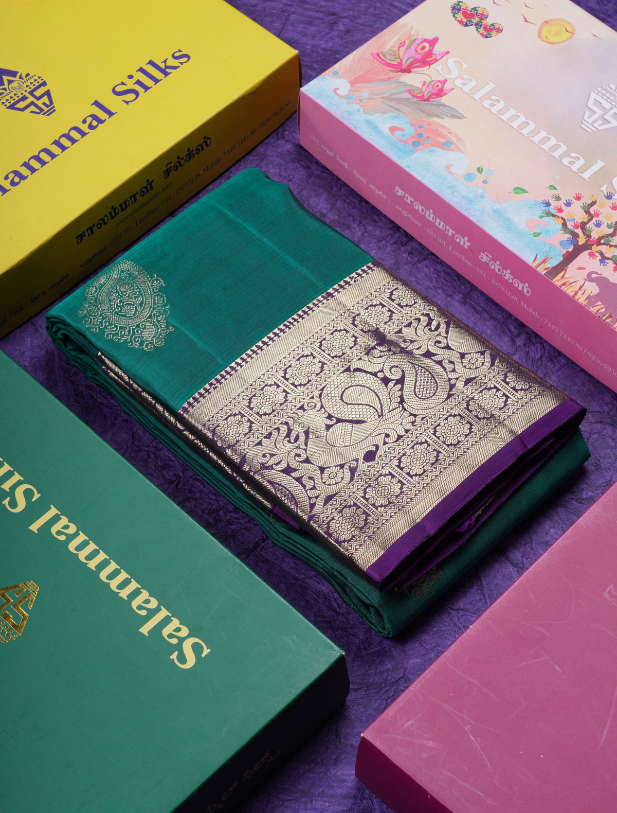 Beautiful Teal Green Pure Kanjivaram Silk Saree With Contrast Violet Traditional Border