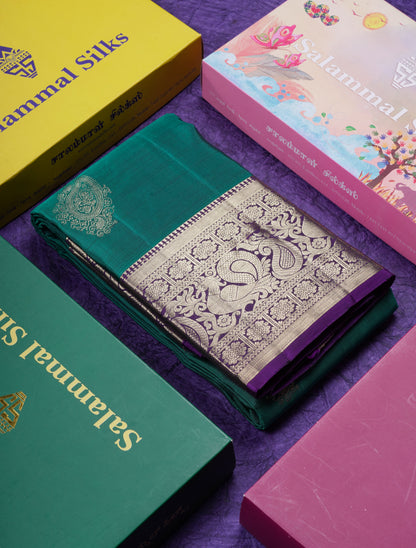 Beautiful Teal Green Pure Kanjivaram Silk Saree With Contrast Violet Traditional Border