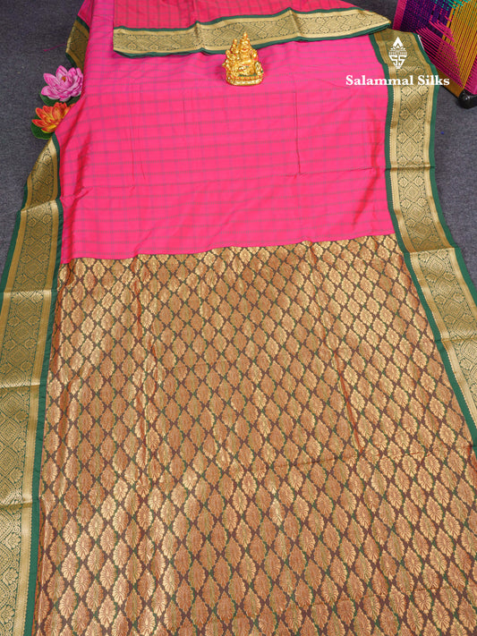 9 Yards Semi Silk Saree Pink Checks with Contrast Bottle Green Border