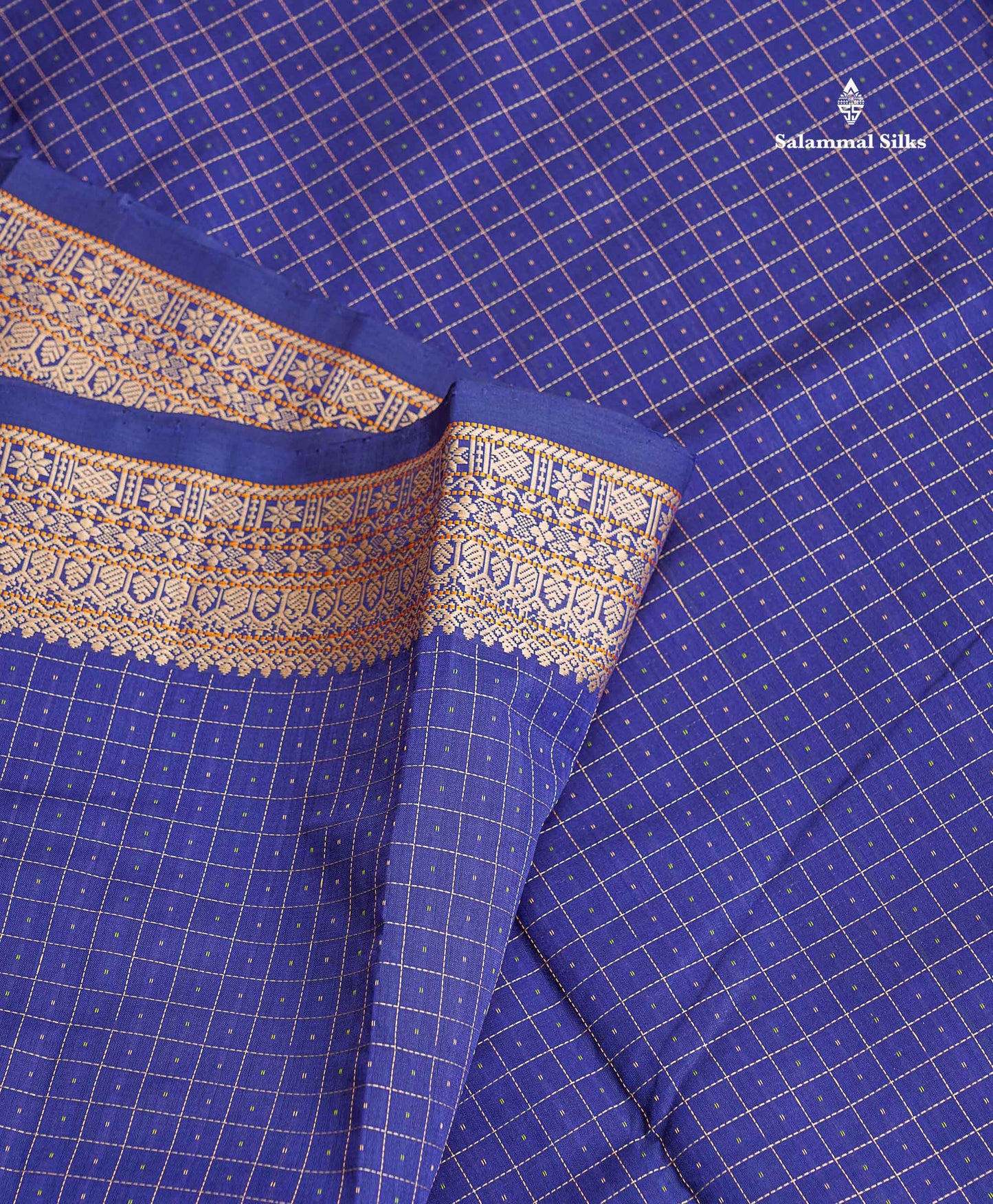 Semi Silk Cotton Saree - Navy Blue Colour Body Small Checks With Butta & Thread Work Border