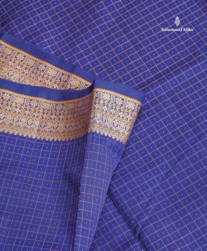 Semi Silk Cotton Saree - Navy Blue Colour Body Small Checks With Butta & Thread Work Border