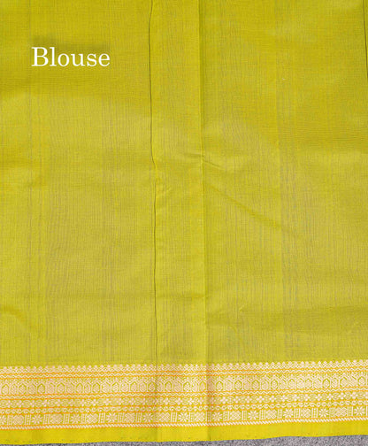 Contrast Parrot Green Blouse Of Navy Blue Semi Silk Cotton Saree 