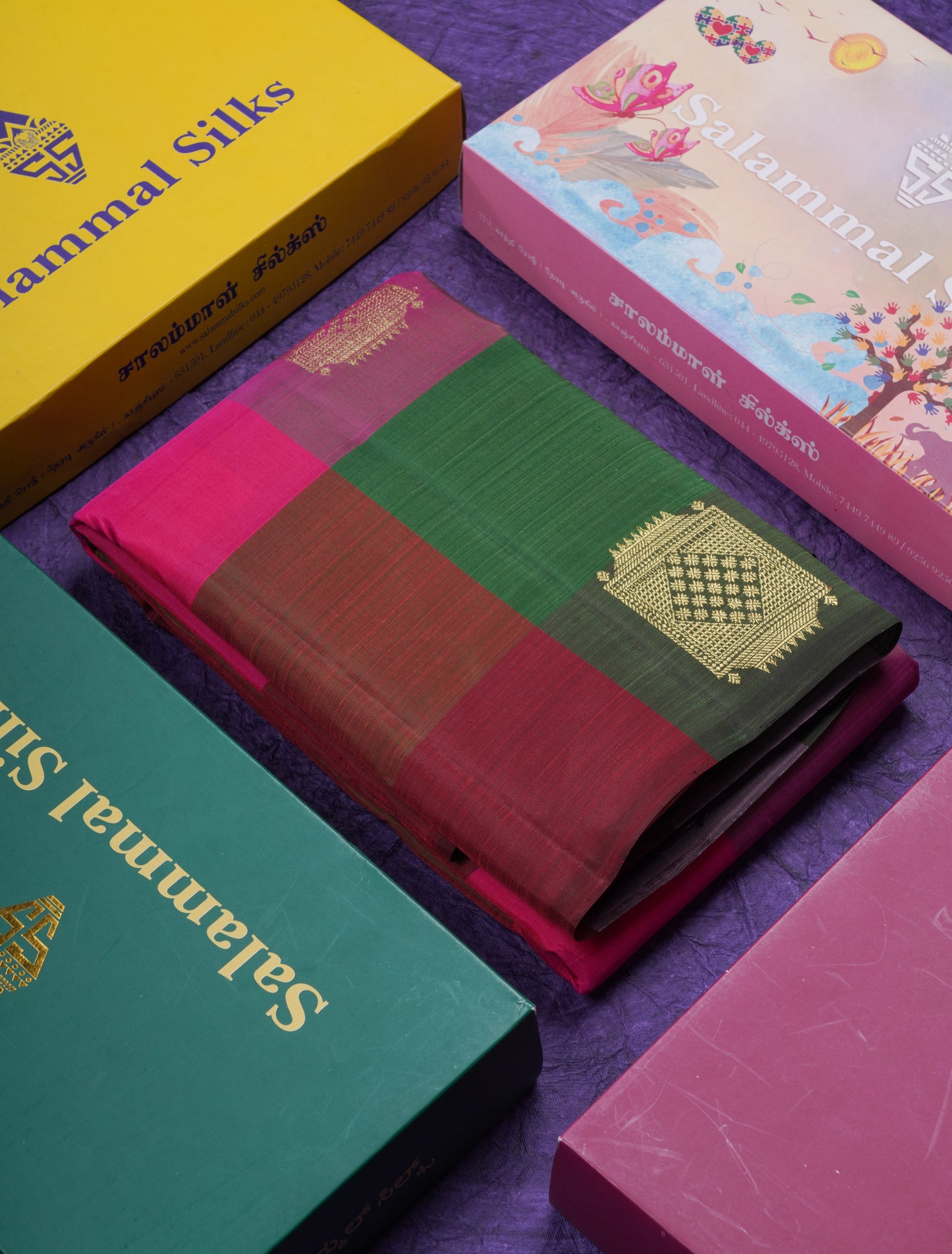 Beautiful Paalum Pazham Big Checks With Butta Pure Kanjivaram Silk Saree With Contrast Maroon Blouse