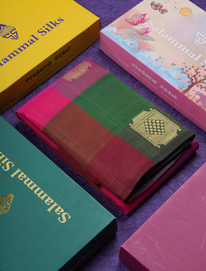 Beautiful Paalum Pazham Big Checks With Butta Pure Kanjivaram Silk Saree With Contrast Maroon Blouse