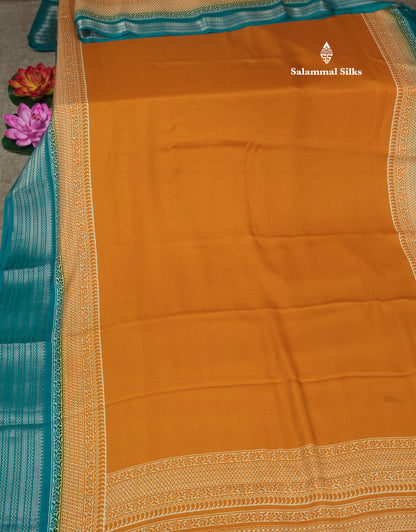 Bottle Green Plain Semi Georgette Saree With Mustard Yellow Traditinal Border