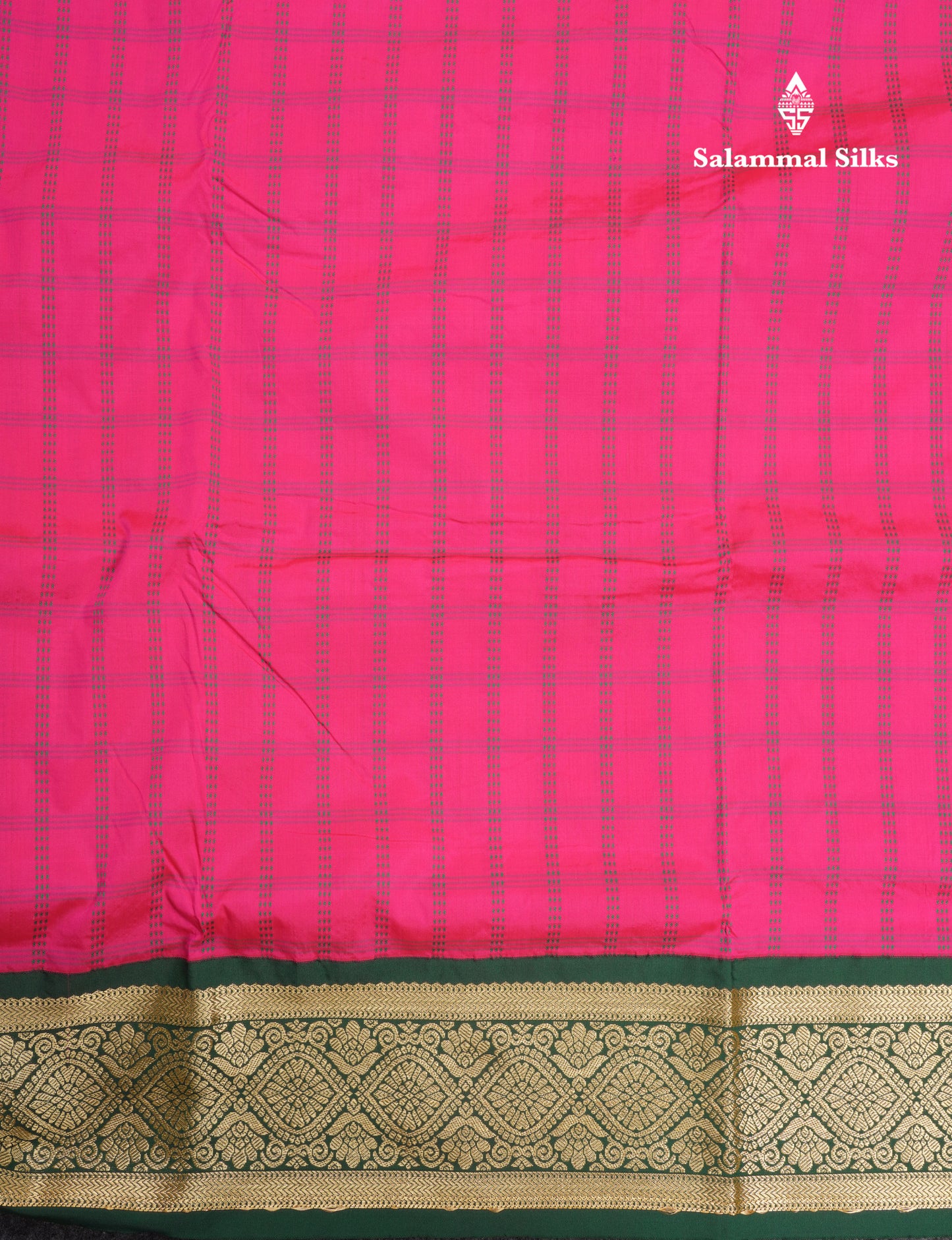 9 Yards Semi Silk Saree Pink Checks with Contrast Bottle Green Border