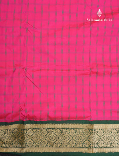 9 Yards Semi Silk Saree Pink Checks with Contrast Bottle Green Border