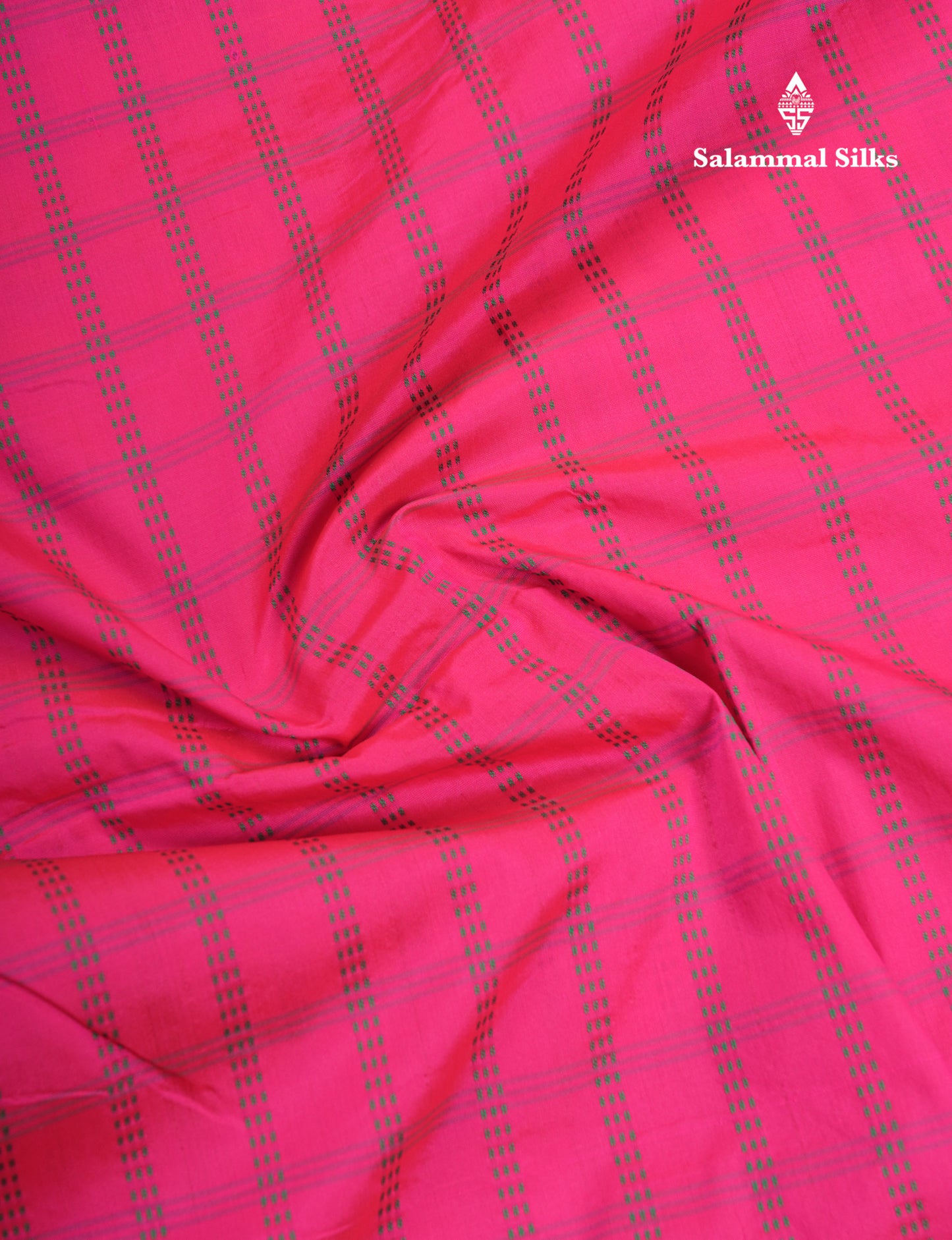 9 Yards Semi Silk Saree Pink Checks with Contrast Bottle Green Border