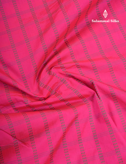 9 Yards Semi Silk Saree Pink Checks with Contrast Bottle Green Border