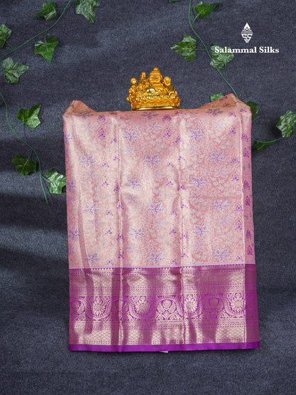 Semi Pattu Pavadai Tissue ( Peach ) With Contrast Dark Purple Blouse 21"