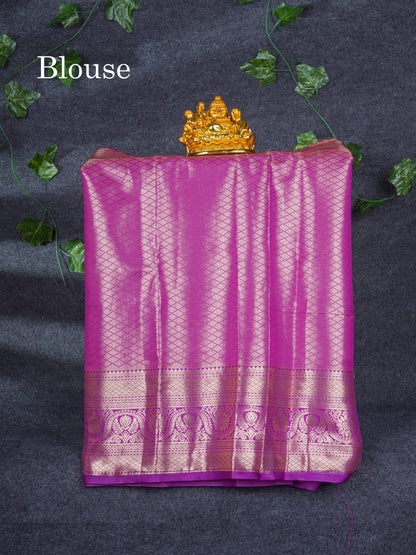 Semi Pattu Pavadai Tissue ( Peach ) With Contrast Dark Purple Blouse 21"