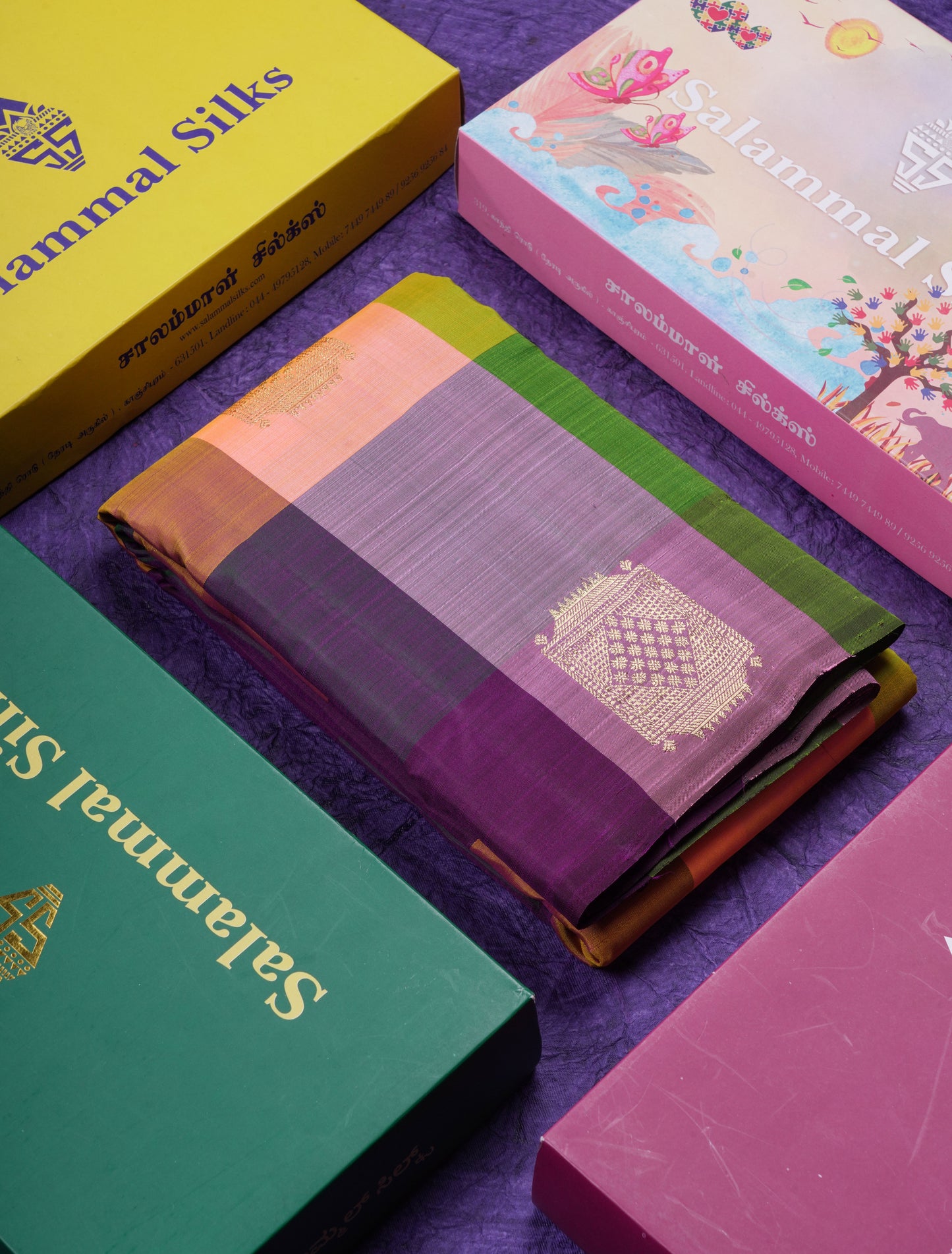 Beautiful Paalum Pazham Big Checks With Butta Pure Kanjivaram Silk Saree With Contrast Maroon Blouse