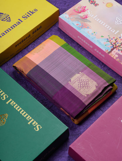 Beautiful Paalum Pazham Big Checks With Butta Pure Kanjivaram Silk Saree With Contrast Maroon Blouse