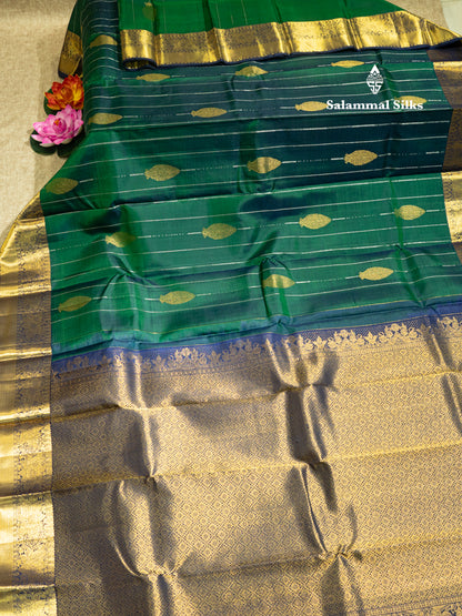 Peacock Green Colour Pure Kanjivaram Silk Saree With Navy Blue Border