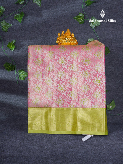 Semi Pattu Pavadai ( Peach Pink ) With Contrast Parrot Green Blouse 21.5"