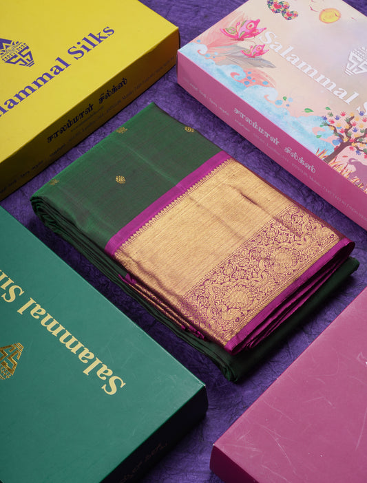 Beautiful Bottle Green Pure Kanjivaram Silk Saree With Contrast Magenta Traditional Evening Morning Border