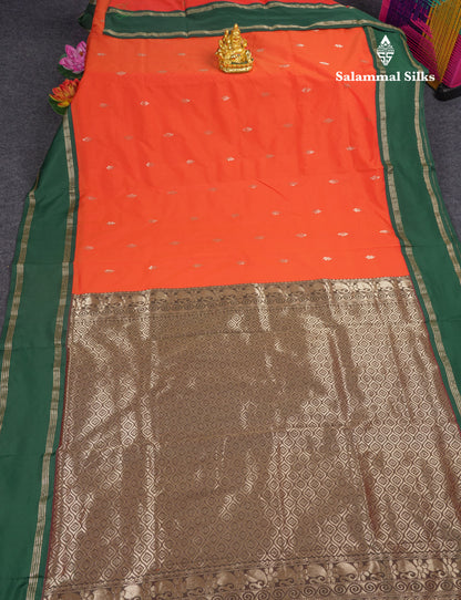 9 Yards Semi Silk Saree Orange with Contrast Bottle Green Traditional Gap Border