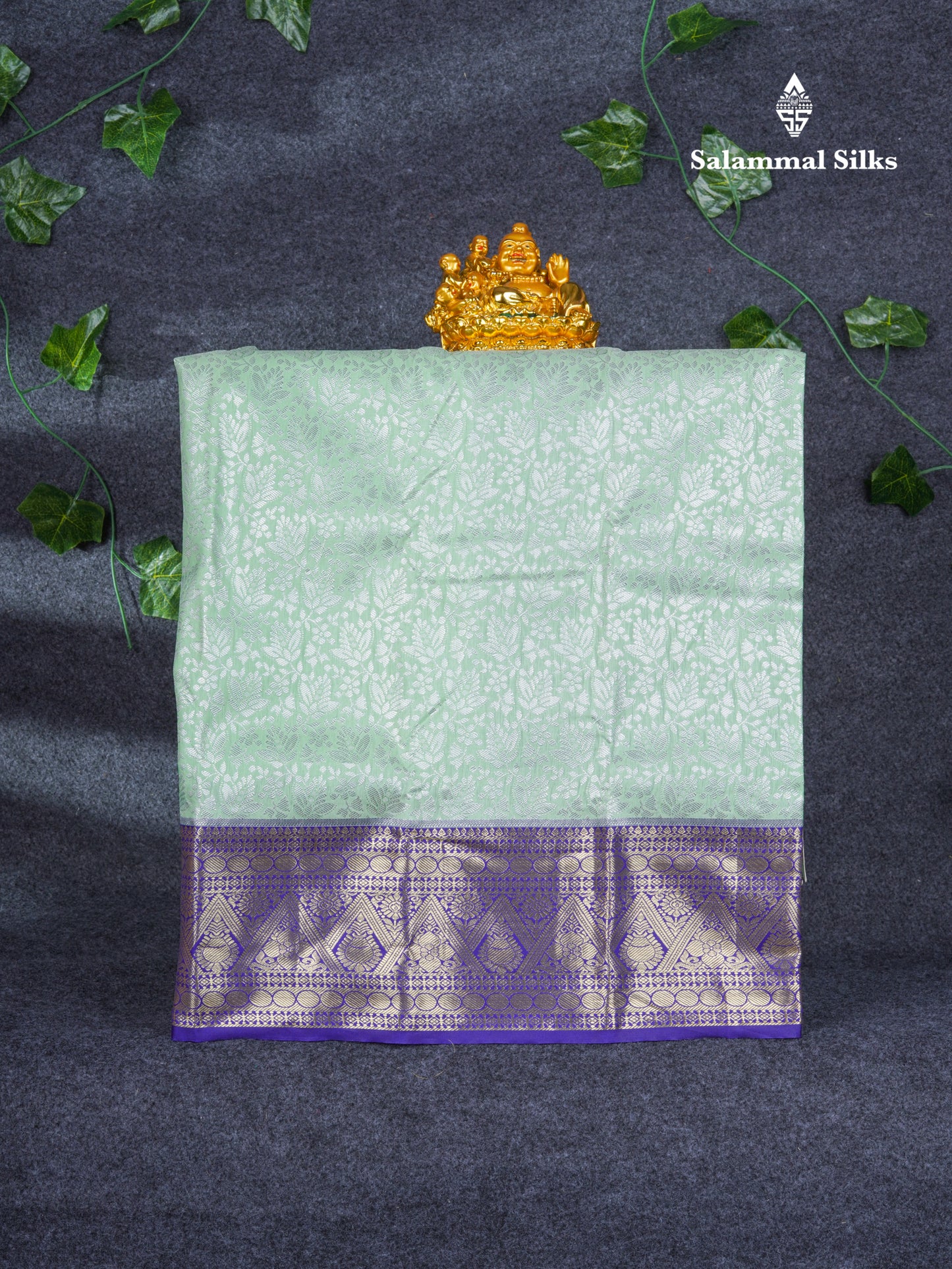 Semi Pattu Pavadai ( Light Elaichi Green ) With Contrast Navy Blue Blouse 21"
