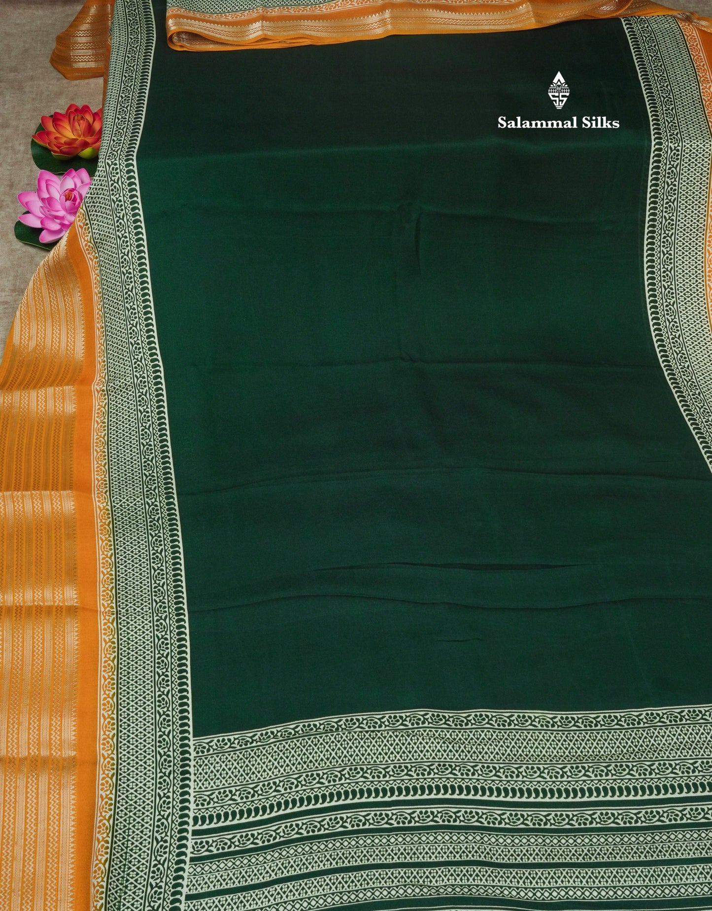 Bottle Green Plain Semi Georgette Saree With Mustard Yellow Traditinal Border