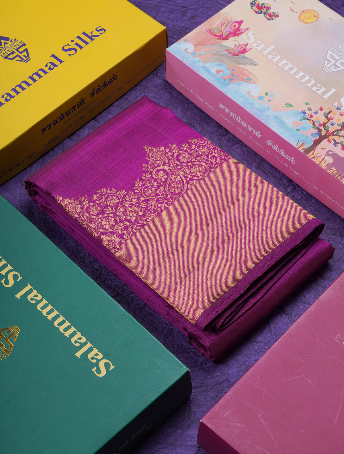 Beautiful Magenta Pure Kanjivaram Silk Saree With Contrast Peacock Blue Blouse