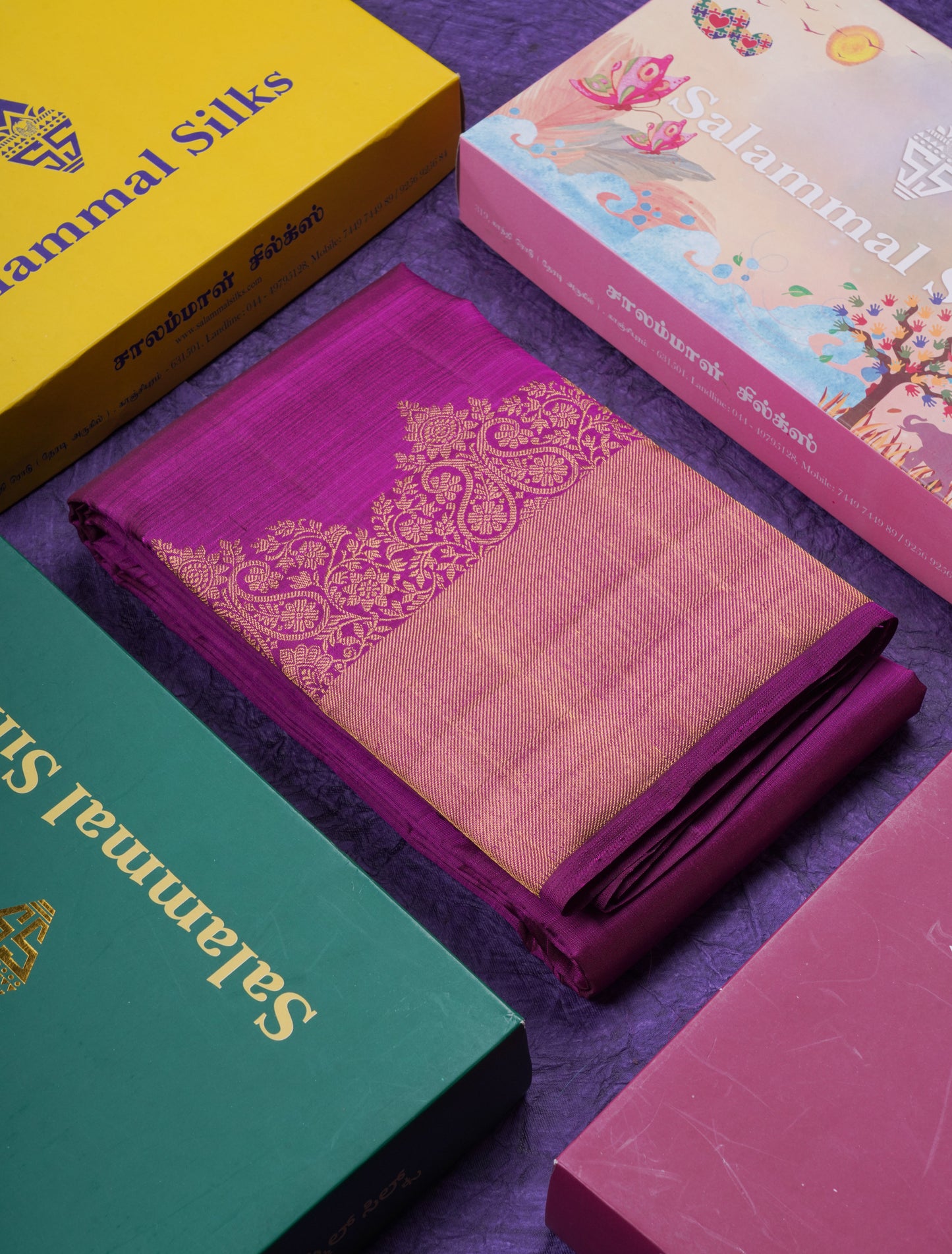Beautiful Magenta Pure Kanjivaram Silk Saree With Contrast Peacock Blue Blouse