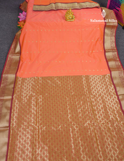 9 Yards Semi Silk Saree Peach Orange with Contrast Maroon Border