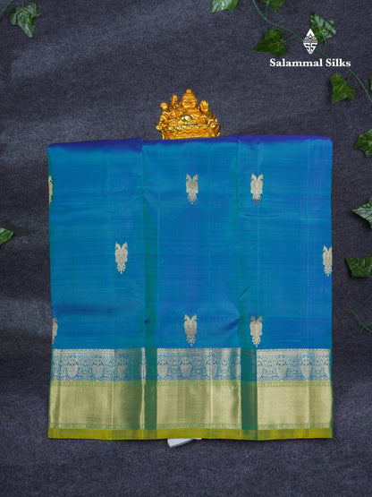 Pure Silk Pattu Pavadai (Peacock Blue) With Contrast Dual Tone Green Blouse 28"
