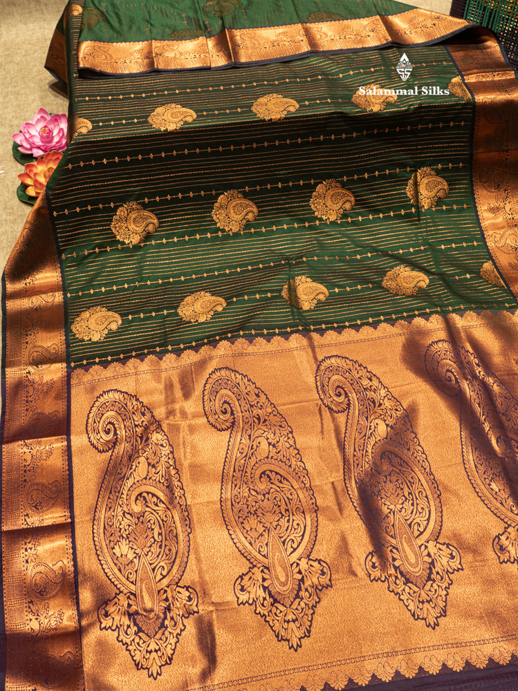 Bottle Green Colour Semi Silk Saree With Navy Blue Copper Zari Border