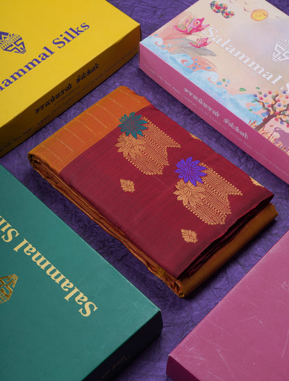 Beautiful Mustard Yellow Pure Kanjivaram Silk Saree With Contrast Maroon Zari & Thread Butta One Side Border