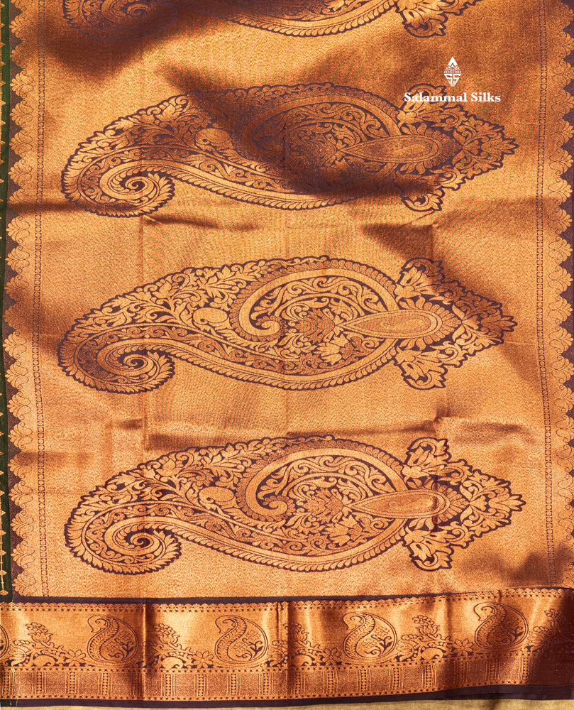 Bottle Green Colour Semi Silk Saree With Navy Blue Copper Zari Border