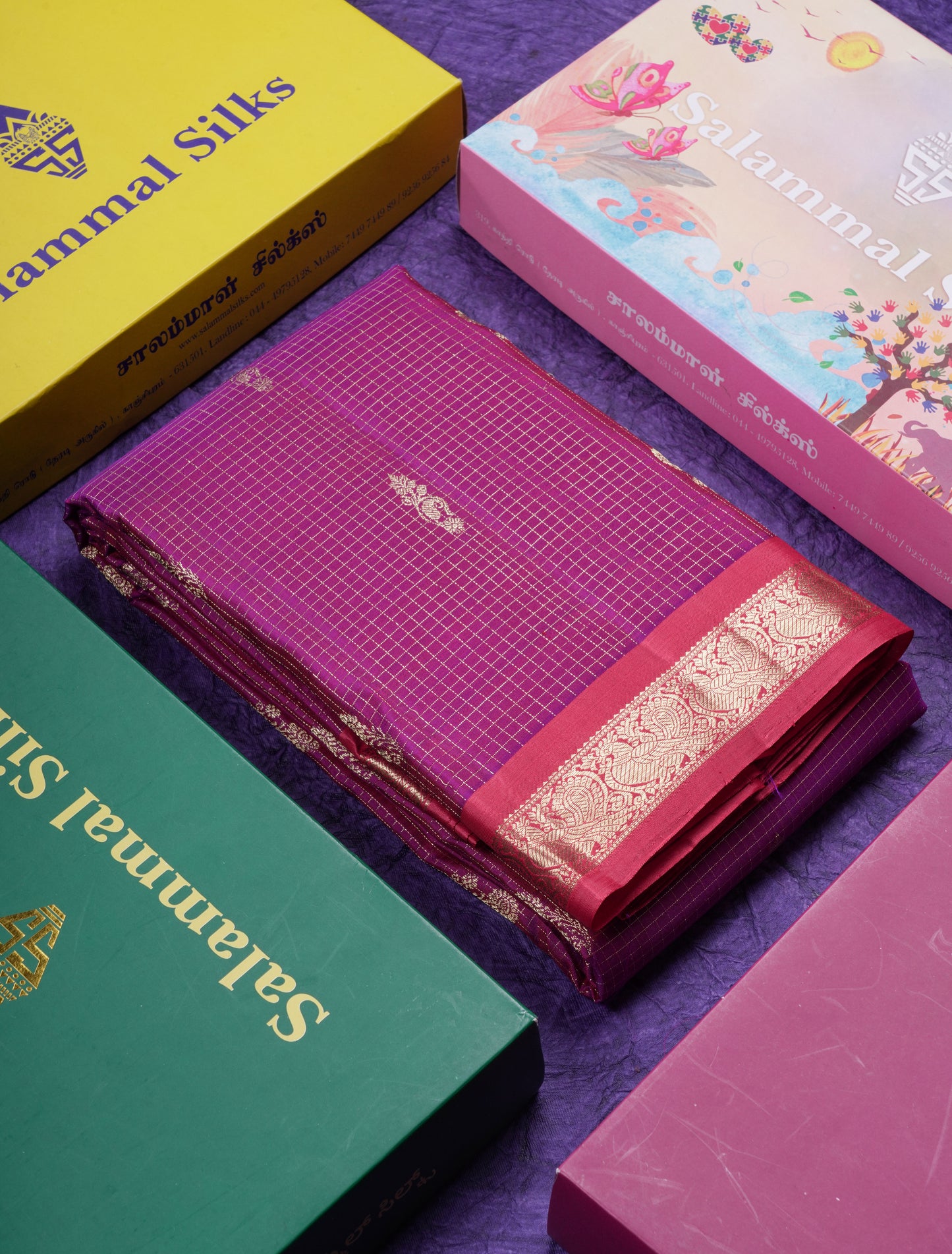 Beautiful Purple Zari Checks With Butta Pure Kanjivaram Silk Saree With Contrast Oniom Pink Traditional Border