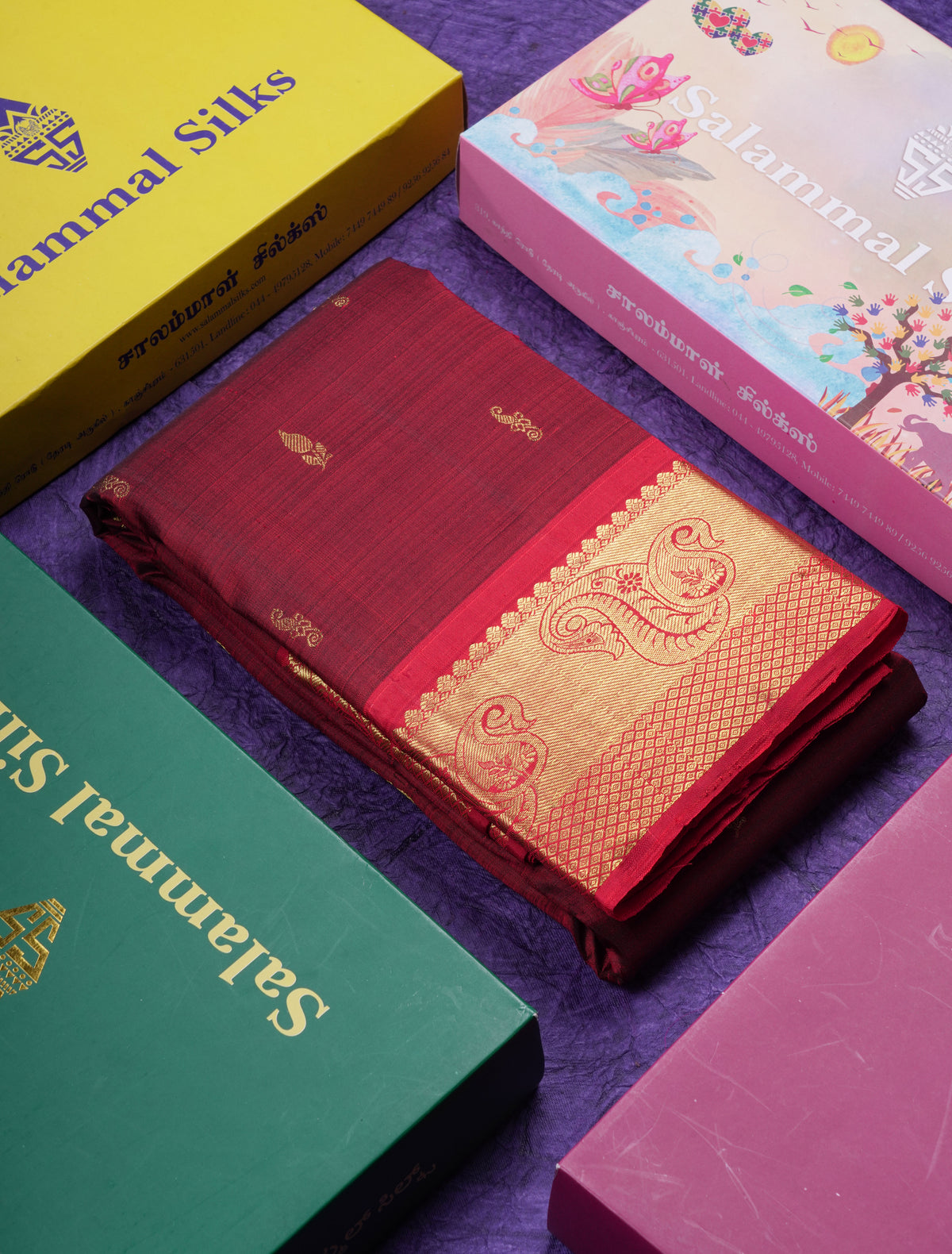 Beautiful Dark Maroon Pure Kanjivaram Silk Saree With Contrast Chilly Red Traditional Border