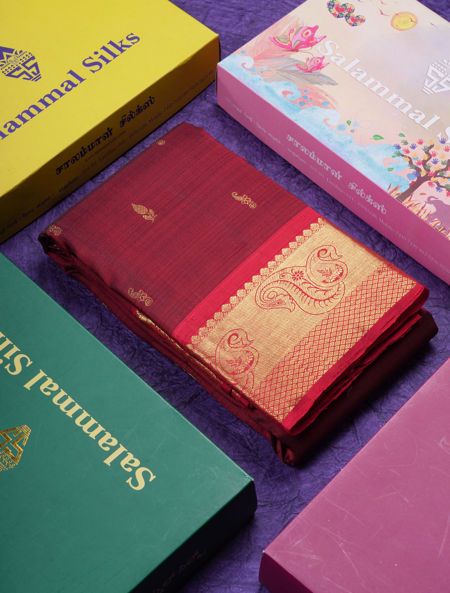 Beautiful Dark Maroon Pure Kanjivaram Silk Saree With Contrast Chilly Red Traditional Border