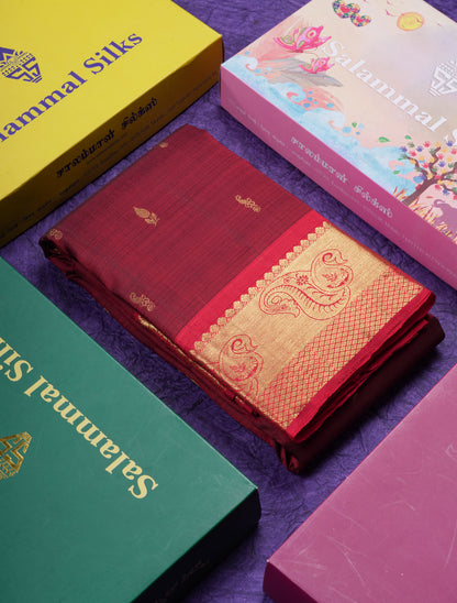 Beautiful Dark Maroon Pure Kanjivaram Silk Saree With Contrast Chilly Red Traditional Border