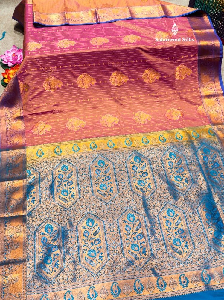 Bottle Green Colour Semi Silk Saree With Navy Blue Copper Zari Border