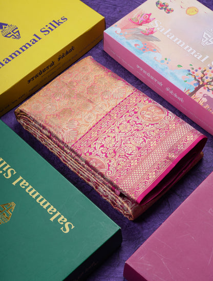 Beautiful Pink Tissue Bridal Menakari Work Pure Kanjivaram Silk Saree With Contrast Magenta Pink Fancy Border
