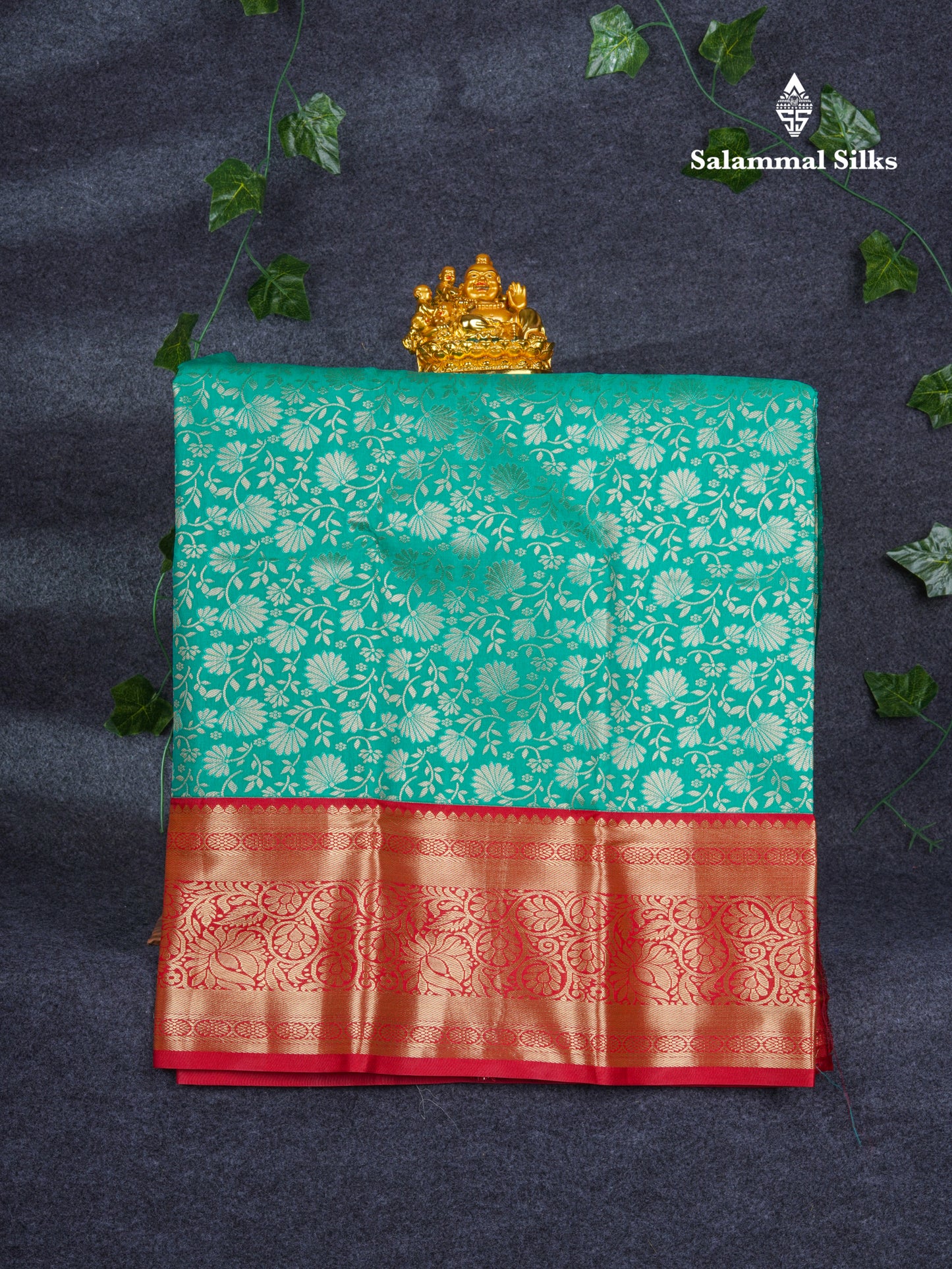 Semi Silk Pattu Pavadai ( Sapphire Green ) with Chilly Red Blouse 26.5"