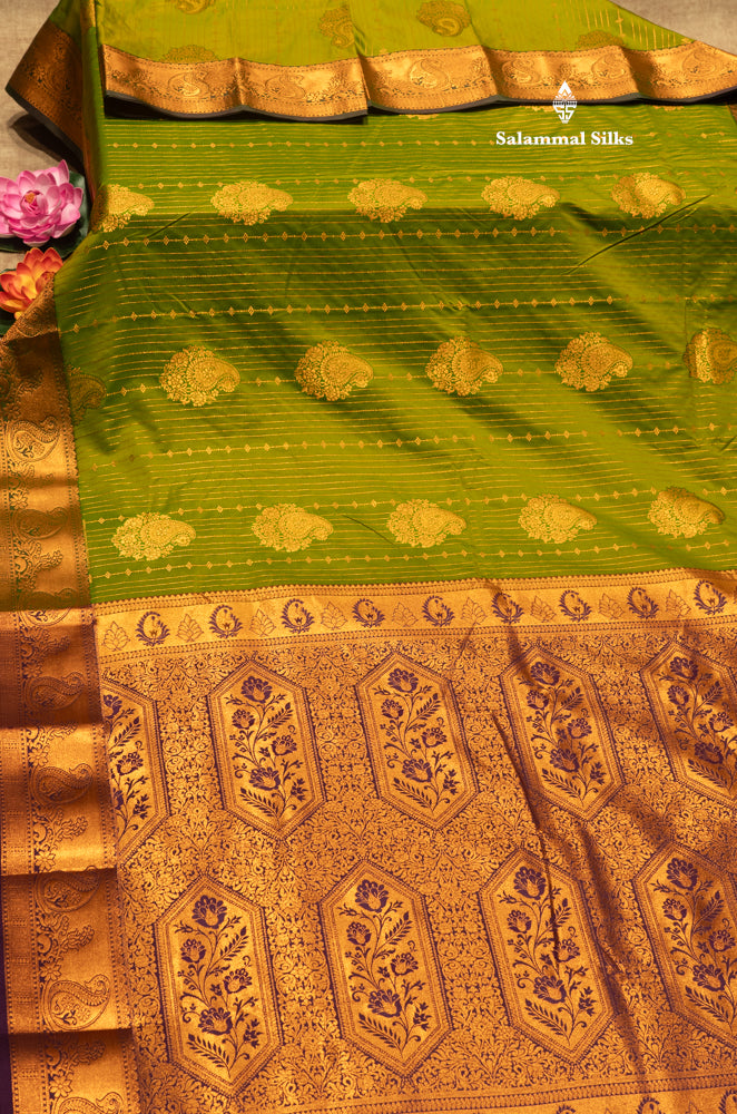 Bottle Green Colour Semi Silk Saree With Navy Blue Copper Zari Border
