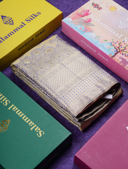 Beautiful Light Gold Tissue Bridal Small Checks With Butta Pure Kanjivaram Silk Saree With Contrast Violet Fancy Border