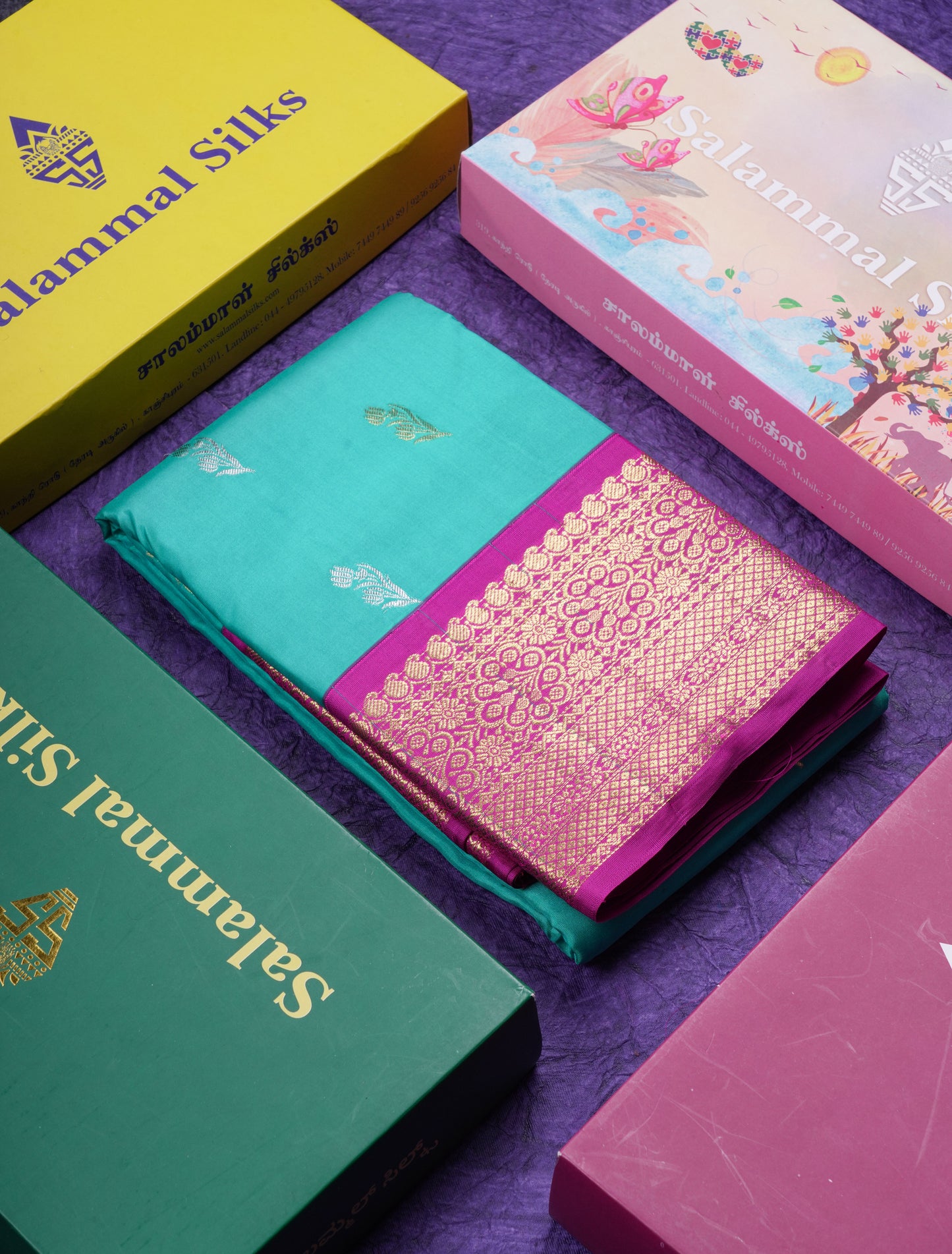 Beautiful Sapphire Green Silver & Gold Butta Pure Kanjivaram Silk Saree With Contrast Magenta Pink Traditional Border