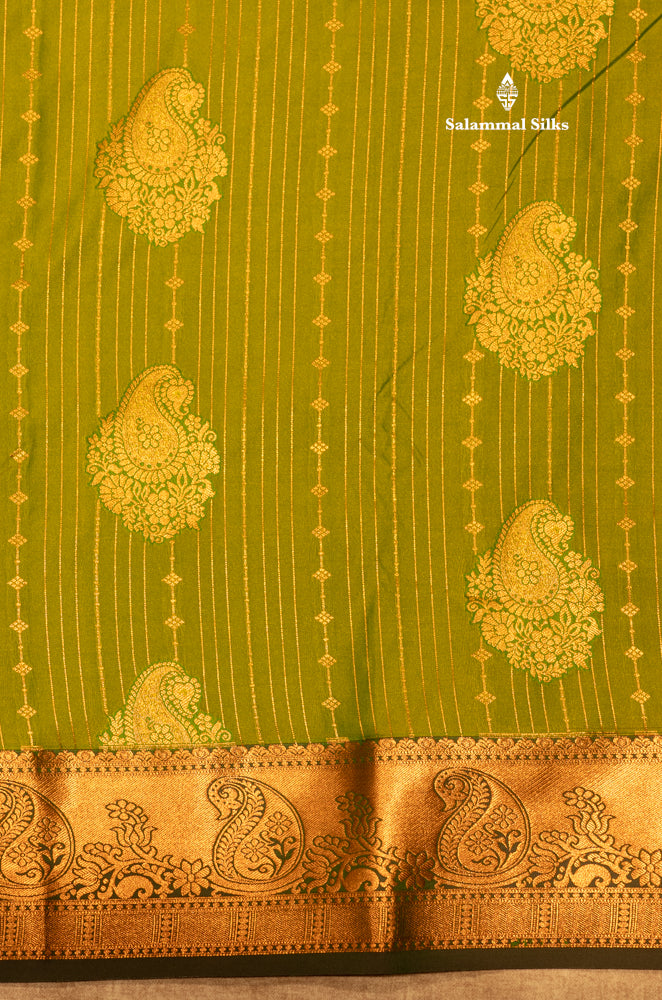 Bottle Green Colour Semi Silk Saree With Navy Blue Copper Zari Border