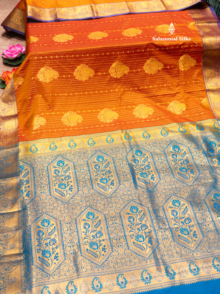 Bottle Green Colour Semi Silk Saree With Navy Blue Copper Zari Border