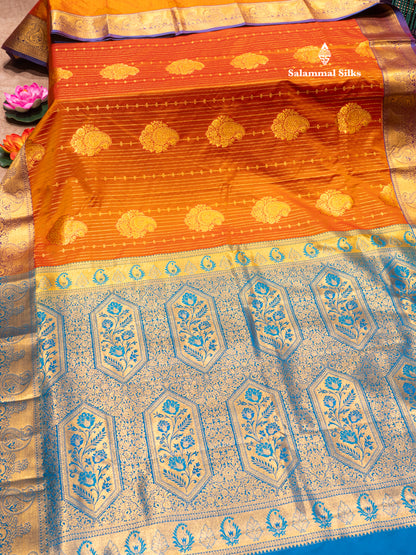 Bottle Green Colour Semi Silk Saree With Navy Blue Copper Zari Border