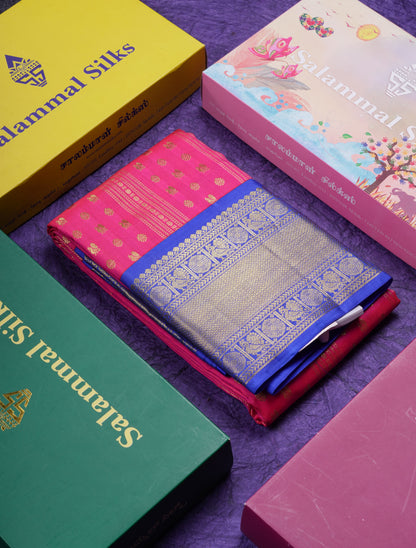 Beautiful Magenta Pure Kanjivaram Silk Saree With Contrast Magenta Pink Traditional Border