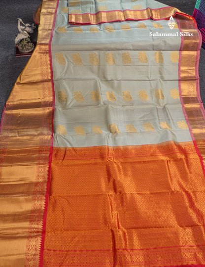 Light Rexona Pure Kanjivaram Silk Saree With Contrast Chilly Red Blouse