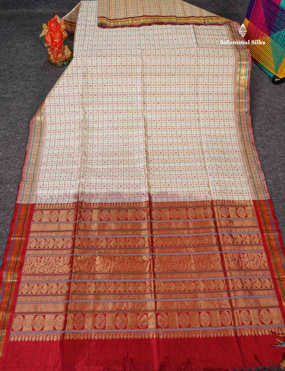 Pure Silk Cotton Saree - Half White Colour Body Checks With Butta & Traditional Small Border