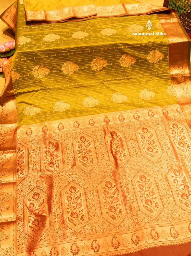 Bottle Green Colour Semi Silk Saree With Navy Blue Copper Zari Border