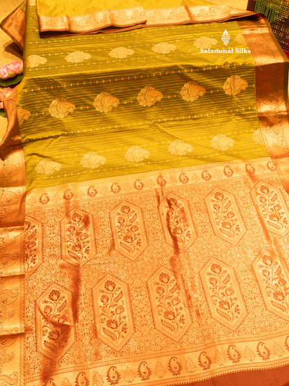 Bottle Green Colour Semi Silk Saree With Navy Blue Copper Zari Border