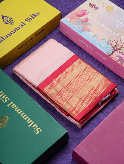 Beautiful Dark Peach Pure Kanjivaram Silk Saree With Contrast Chilly Red Traditional Border